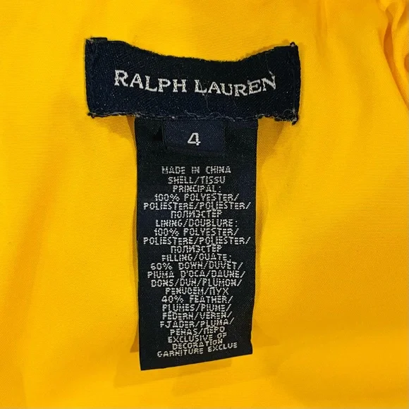 Ralph Lauren Winter Coat Girls 4 Hooded Down Peplum Puffer Jacket Yellow Hooded